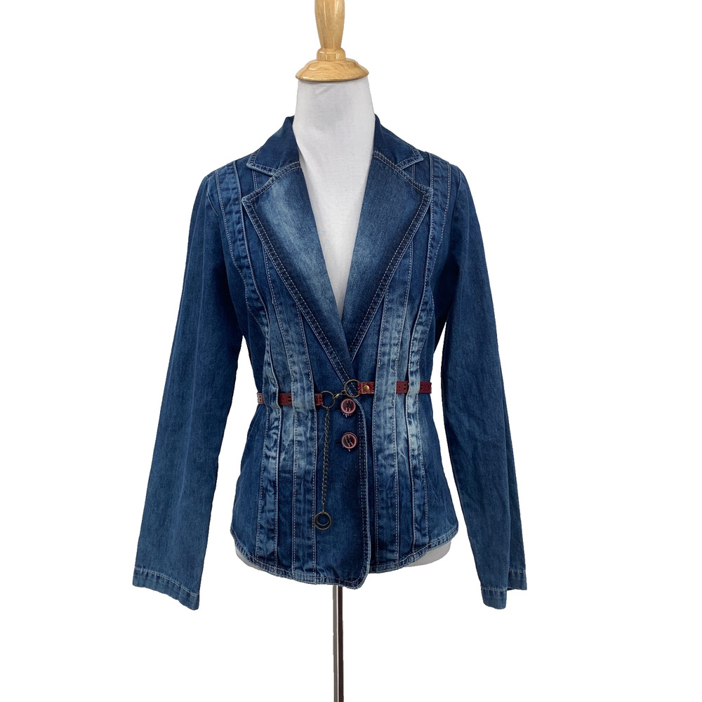 Podyum Park Blazer Womens 40 Blue Denim Faux Leather Belt Faded Stitching Jacket